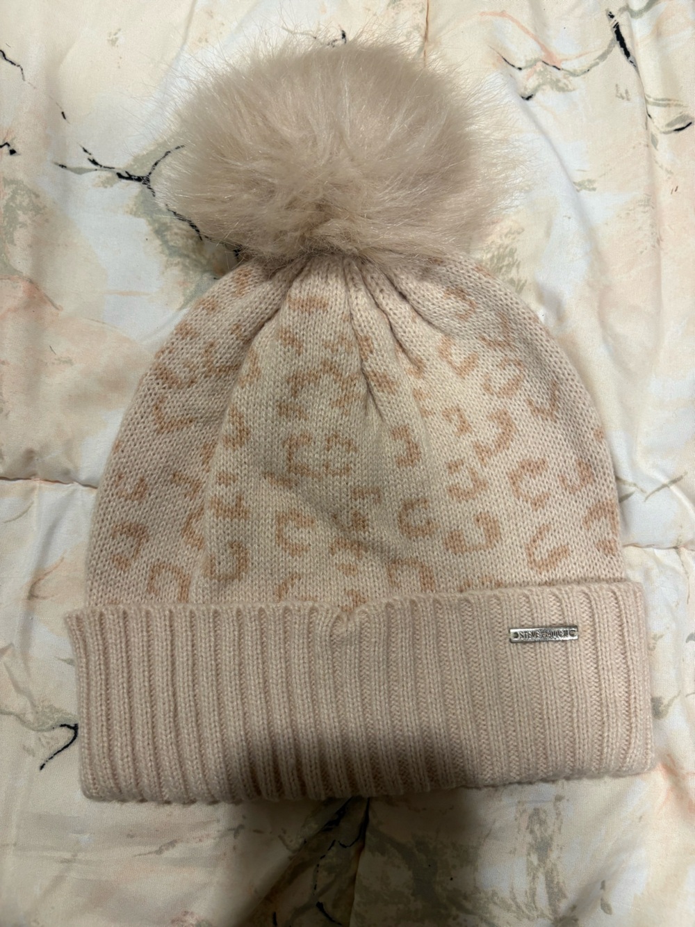 Steve Madden Leopard Print Pom Pom Beanie Cream Tan Faux Fur Winter Hat